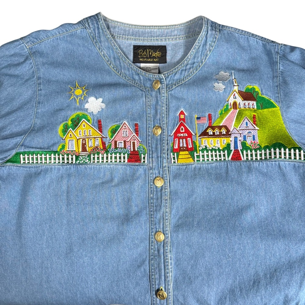 Bob Mackie Embroidered Denim Shirt Small Town Gold Buttons Womens 2X Vintage 90s